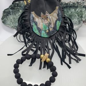Hand Painted Leather MOJO Bag with Bat and Matching Crystal Beaded Brace…